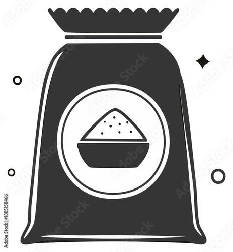 Hand drawn illustration of a bag of flour or sugar with sparkles