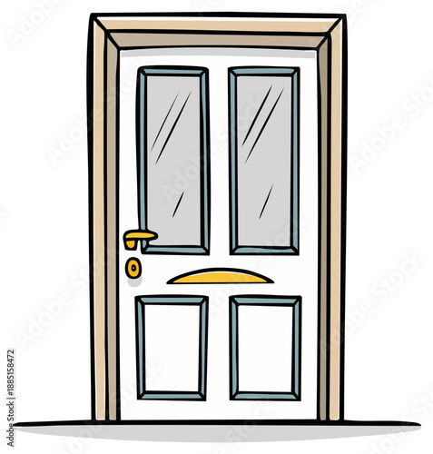 Illustration of a classic white front door with windows and golden knob offers homey atmosphere