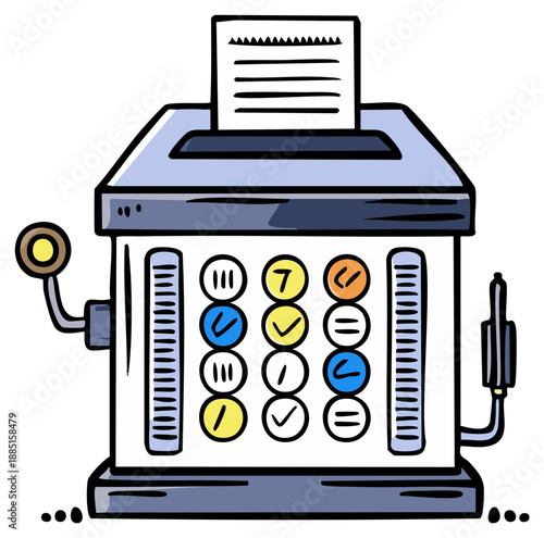 Quirky retro calculating machine printing a paper report hand drawn comic style vector illustration