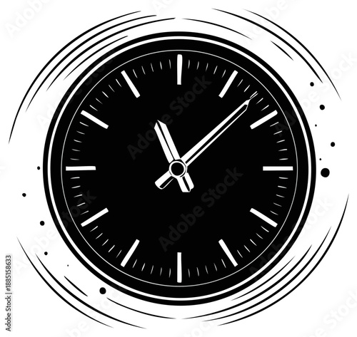 Black and white clock icon with speed lines, time concept, deadline, vector illustration