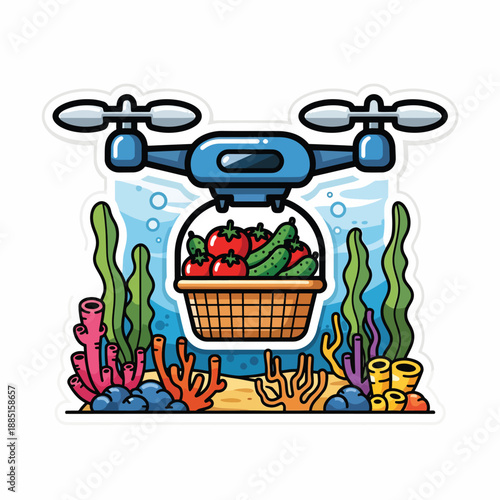 A blue drone underwater delivering vegetables