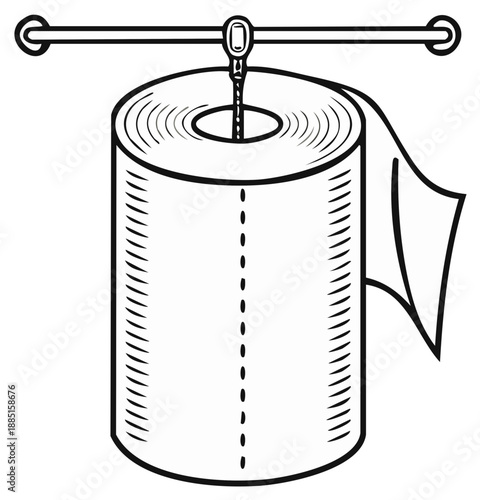 Toilet paper roll hanging on a metal rod, simple line art drawing