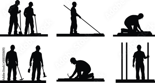 Collection, of, black, silhouettes, featuring, construction, workers, in, various, labor, poses, including, raking, leveling, kneeling, and, standing, for, industrial, design.