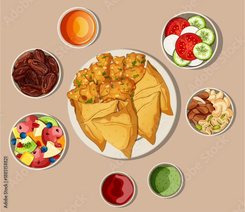 Iftar Food Feast Top View Illustration with Traditional Ramadan Dishes including Samosas, Pakoras, Dates, Juice, Vegetables, Nuts & Fruit Salad on Beige Background