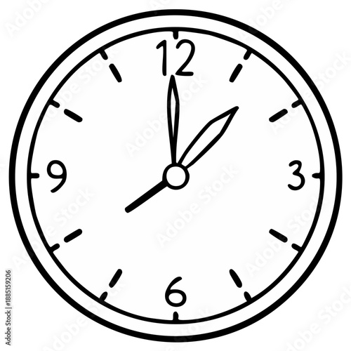 Clock Face Doodle Showing One O'Clock Time on Round Clock with Hour and Minute Hands