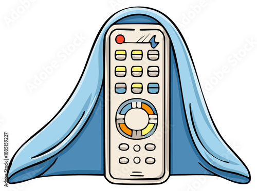 Cartoon Remote Control Hidden Under a Blue Cloth Like a Ghost, Vector Illustration