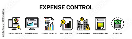 Expense Control web banner icon vector illustration concept with icon of expense tracker, expense report, expense summary, cost analysis, capital expense, billing statement, cash flow.