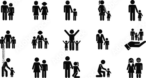 Collection, of, black, silhouettes, featuring, diverse, family, groups, including, parents, children, pregnancy, fatherhood, motherhood, parenting, social, support, and, community, relationships.