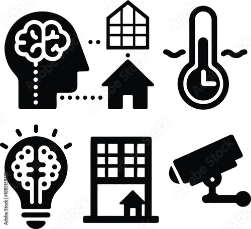 Smart home technology icons featuring human brain for artificial intelligence, security camera, light bulb idea, and building automation systems.