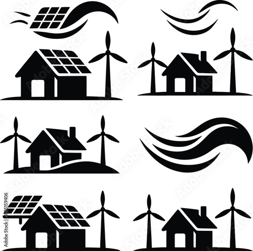 Sustainable energy silhouette icons featuring eco friendly houses with solar panels, wind turbines, and renewable green technology symbols.
