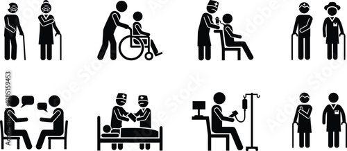 Collection, of, black, silhouettes, featuring, elderly, care, medical, assistance, nursing, home, services, doctors, patients, wheelchairs, and, hospital, treatment, for, healthcare.