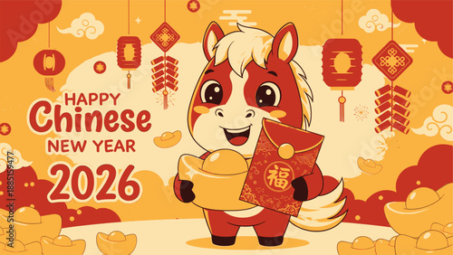 Chinese New Year 2026 Fire Horse running with lantern, traditional red and gold vector banner design