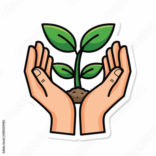 A cartoon image of two hands cradling a small plant
