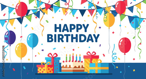 Birthday party background with cake gifts balloons and confetti