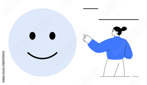 Positive thinking, emotional health, communication, motivation, teaching, mindfulness. A woman pointing to a large happy face. Positive thinking and emotional health