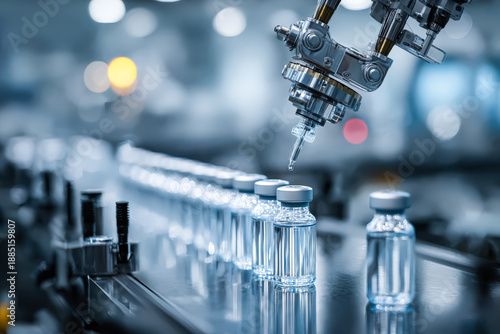 A robotic arm precisely fills glass vials with liquid in a modern pharmaceutical production facility, showcasing advanced automation technology.