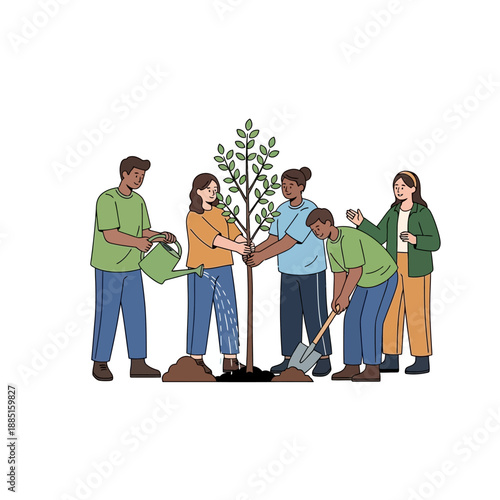 Diverse group planting a tree, teamwork and environmental care concept
