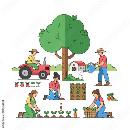 Farm life illustration: people working in garden, tractor, tree, harvest, growing plants, organic farming