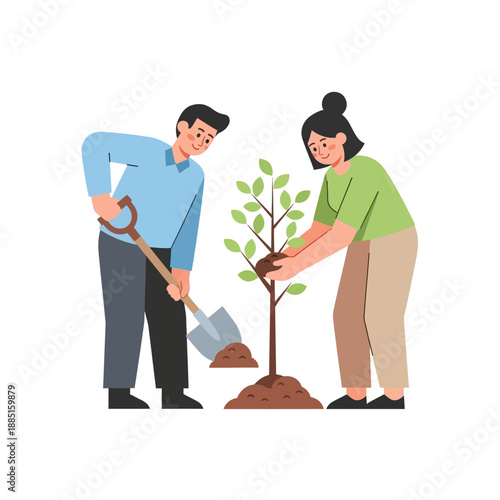 Couple Planting a Tree Together, Environmental Care and Gardening