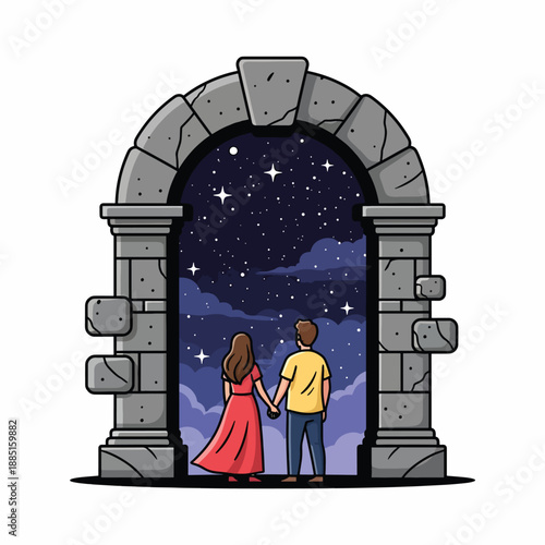 A couple gazes at the starry night sky through an ancient archway
