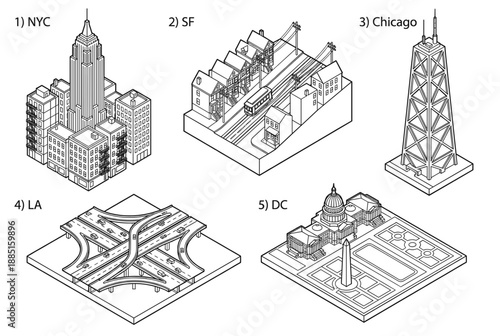 Isometric icons of major United States city landmarks vector illustration