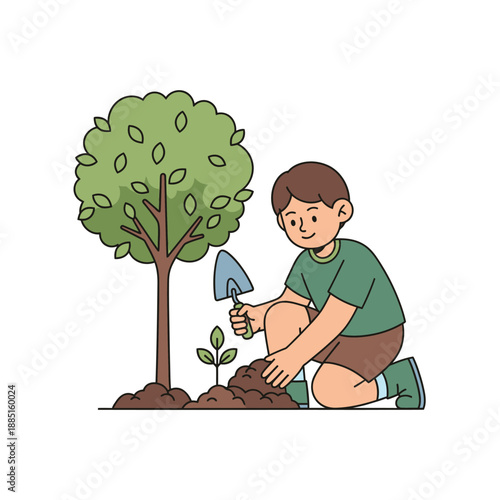 Boy planting a sapling in soil next to a large tree, illustration
