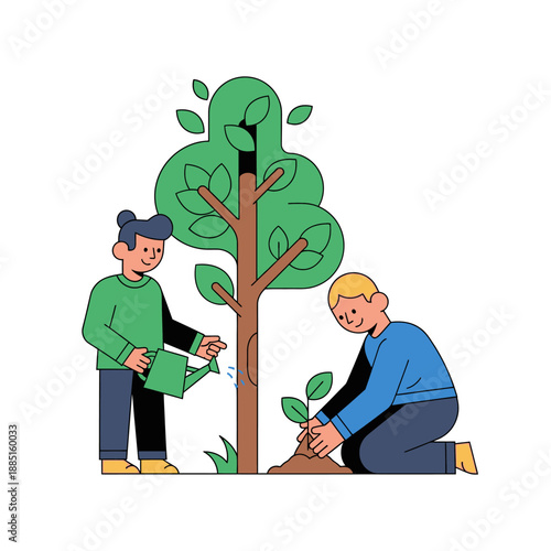 Children Planting a Tree Together, Environmental Care and Growth Illustration