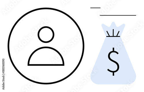 User profile icon next to a money bag with dollar sign representing online payments, financial transactions, personal account, and secure monetary management. Ideal for e-commerce, banking, app UI
