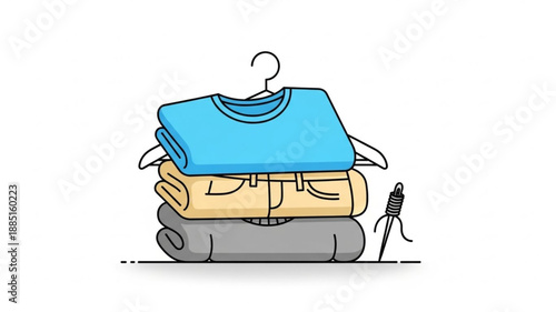 Stack of folded clothes on a hanger with a measuring tape.