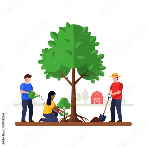 Diverse people planting trees, teamwork for environmental conservation and growth