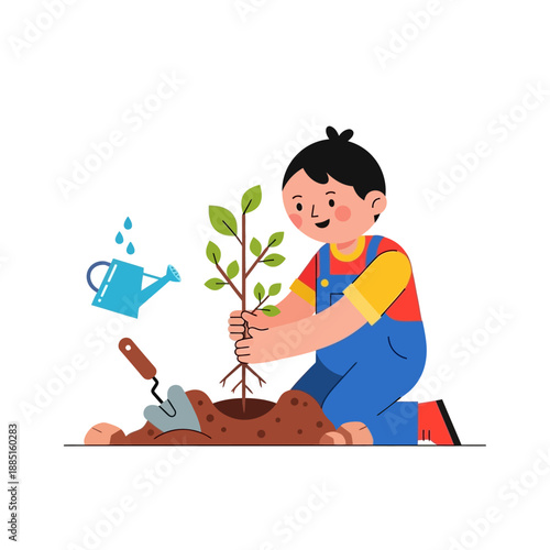 Young boy planting a tree, watering can, gardening tools, cartoon illustration