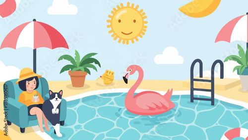 A sunny day at the pool with a girl, a cat, a flamingo, and a drink