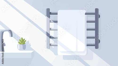 A sunlit bathroom corner features a sink, a plant, and a heated towel rack