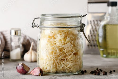 Jar with tasty sauerkraut, ...