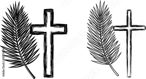 Professional religious vector icon set featuring hand-drawn line art variations of a Christian cross and palm frond.