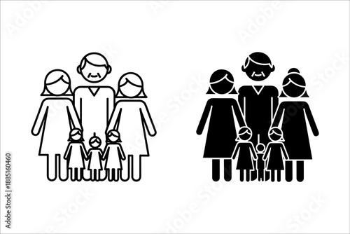 Two families of five people each standing side by side with children in between them