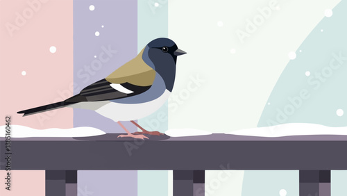 A small, colorful bird perched on a snowy railing with falling snowflakes
