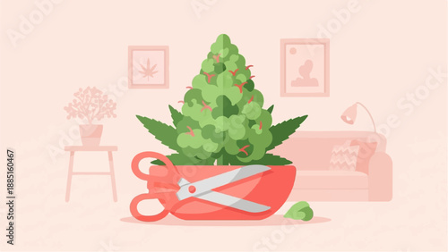 A stylized cannabis bud is presented in a large pair of scissors on a table