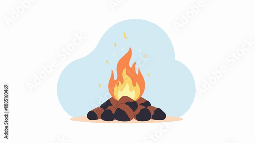 A stylized campfire with orange flames and glowing embers on dark logs