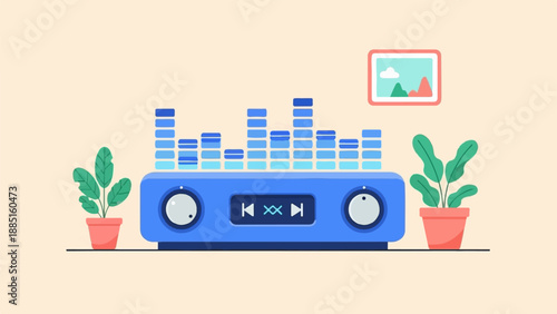 A stylized blue audio player with a graphic equalizer, two potted plants, and a small framed picture