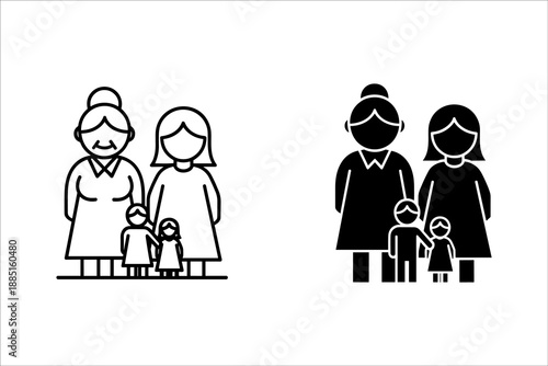 Two families standing side by side with grandparents and children in white and black outfits family
