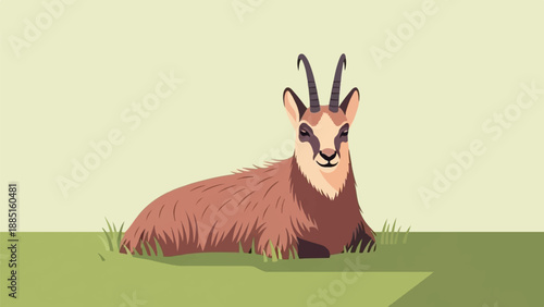 A stylized, brown-furred mountain goat with dark, curved horns rests peacefully on green grass