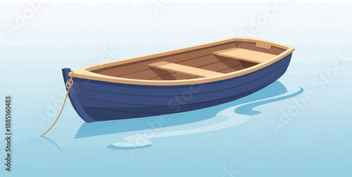 A small blue rowboat with a wooden interior floats serenely on calm water
