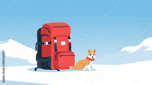 A small corgi sits by a large red backpack in a snowy mountain landscape