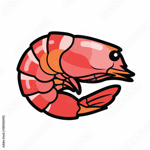 A cartoon-style shrimp with pink and orange hues