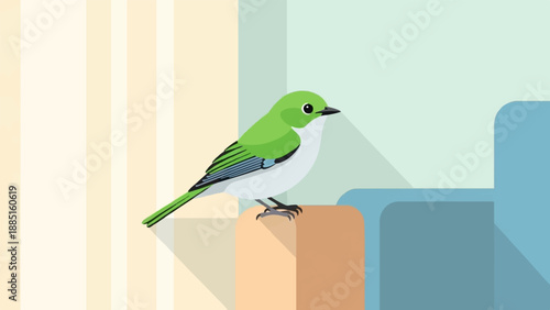 A small, stylized green bird with a white chest perches on a wooden post