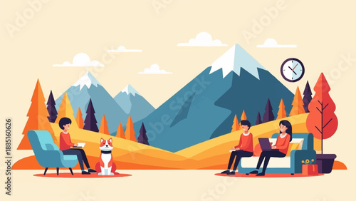 A serene mountain landscape with people and a dog enjoying leisure