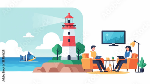 A serene scene of a lighthouse by the sea, with people relaxing indoors