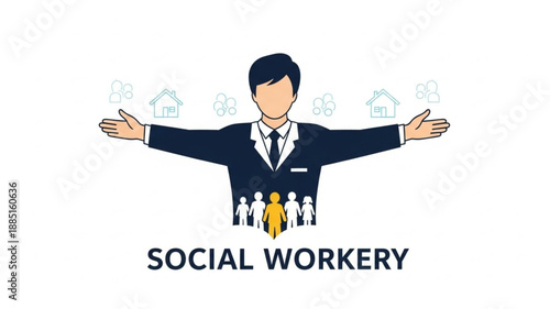 Social worker with open arms helping people and community.