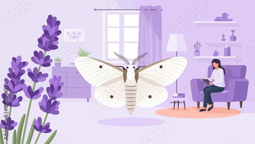 A serene room with a moth, lavender, and a woman reading on a couch